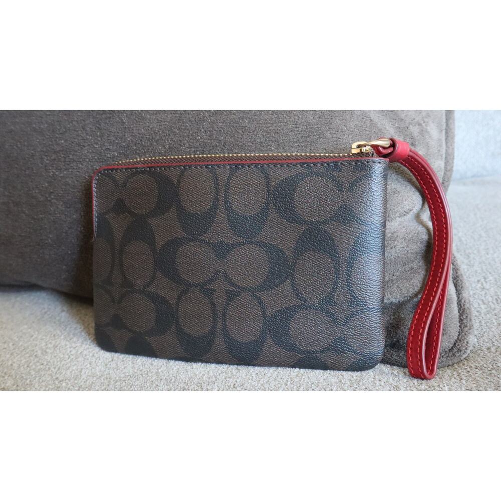 Coach Signature Dark Brown and Red Wristlet Logo Monogram Mini Small Leather Zip - Picture 4 of 7